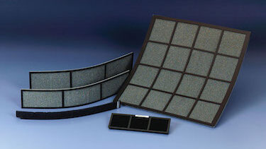 Data center air filters with flexible frames shown in both flat and curved configurations, demonstrating their adaptable polypropylene construction.