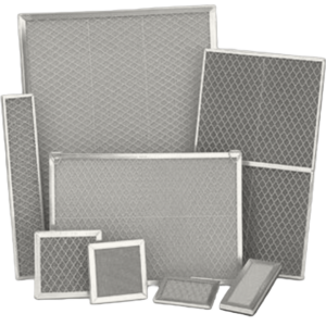 Collection of Quadrafoam data center air filters in various sizes, displaying diamond-pattern mesh design with white metal frames.