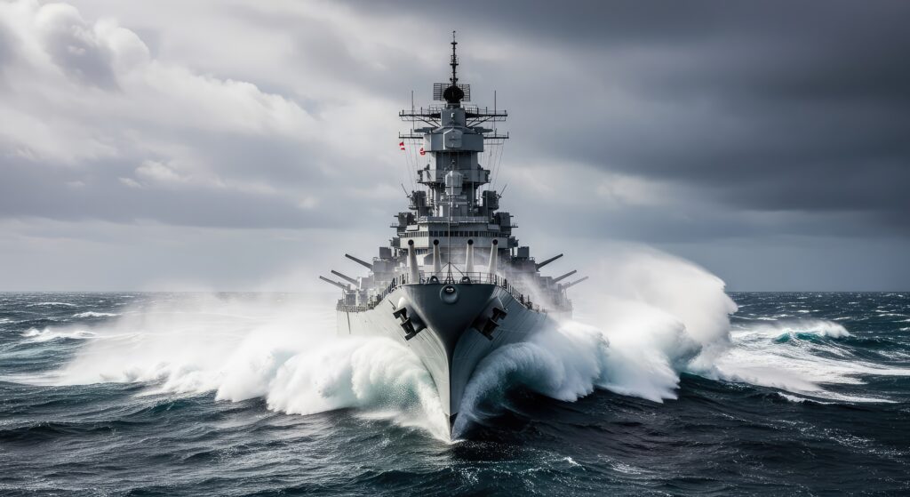 military ship in ocean with salt fog
